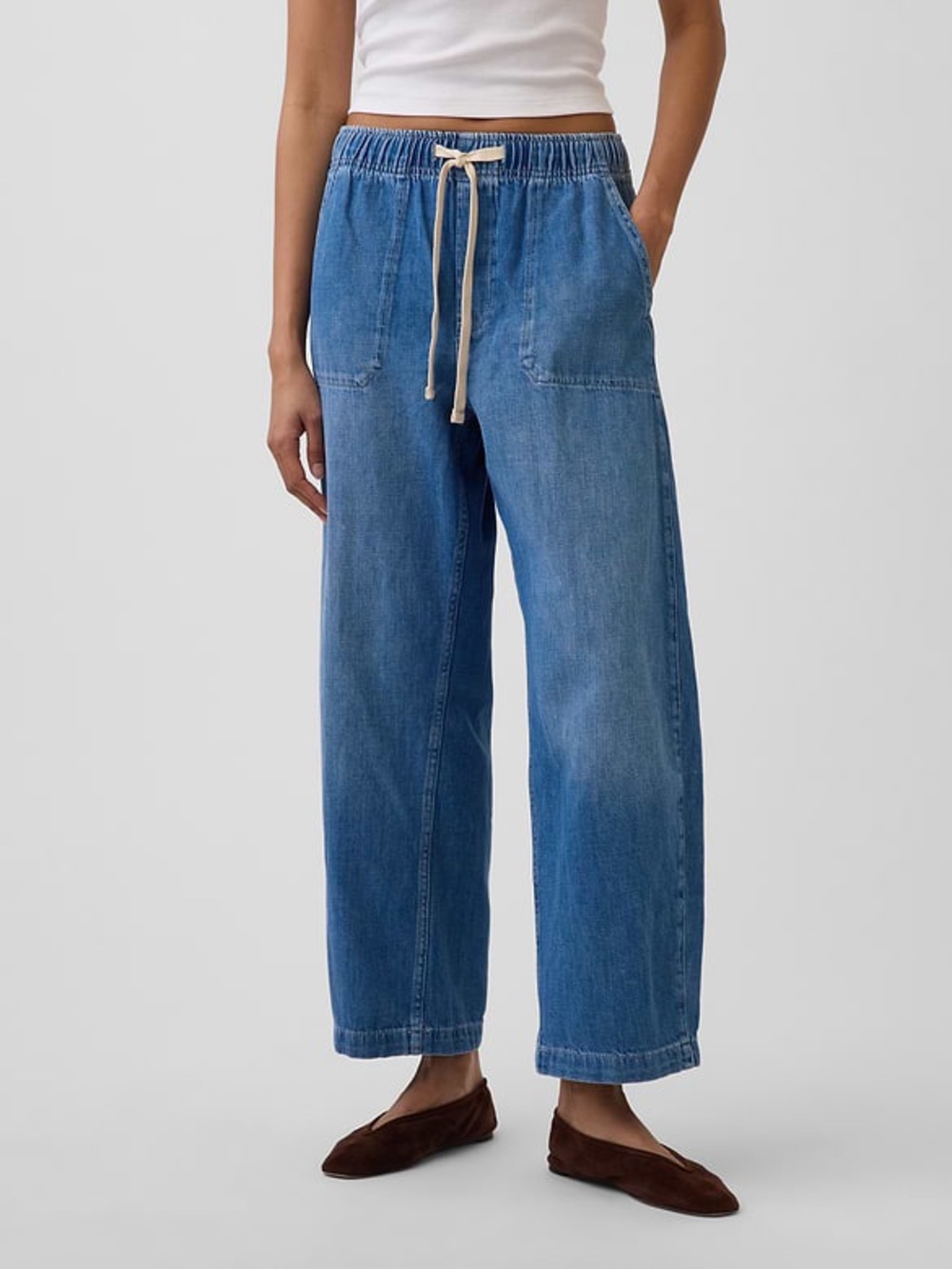 GAP Drawstring Waist Barrel Leg Easy Jeans size L Medium Indigo Trendy Comfy
